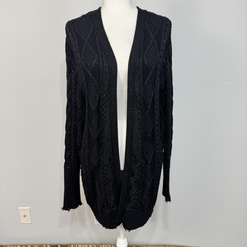 RtA Cardigan Sweater Women's Medium Black Open Front Metallic‎ Distressed Knit